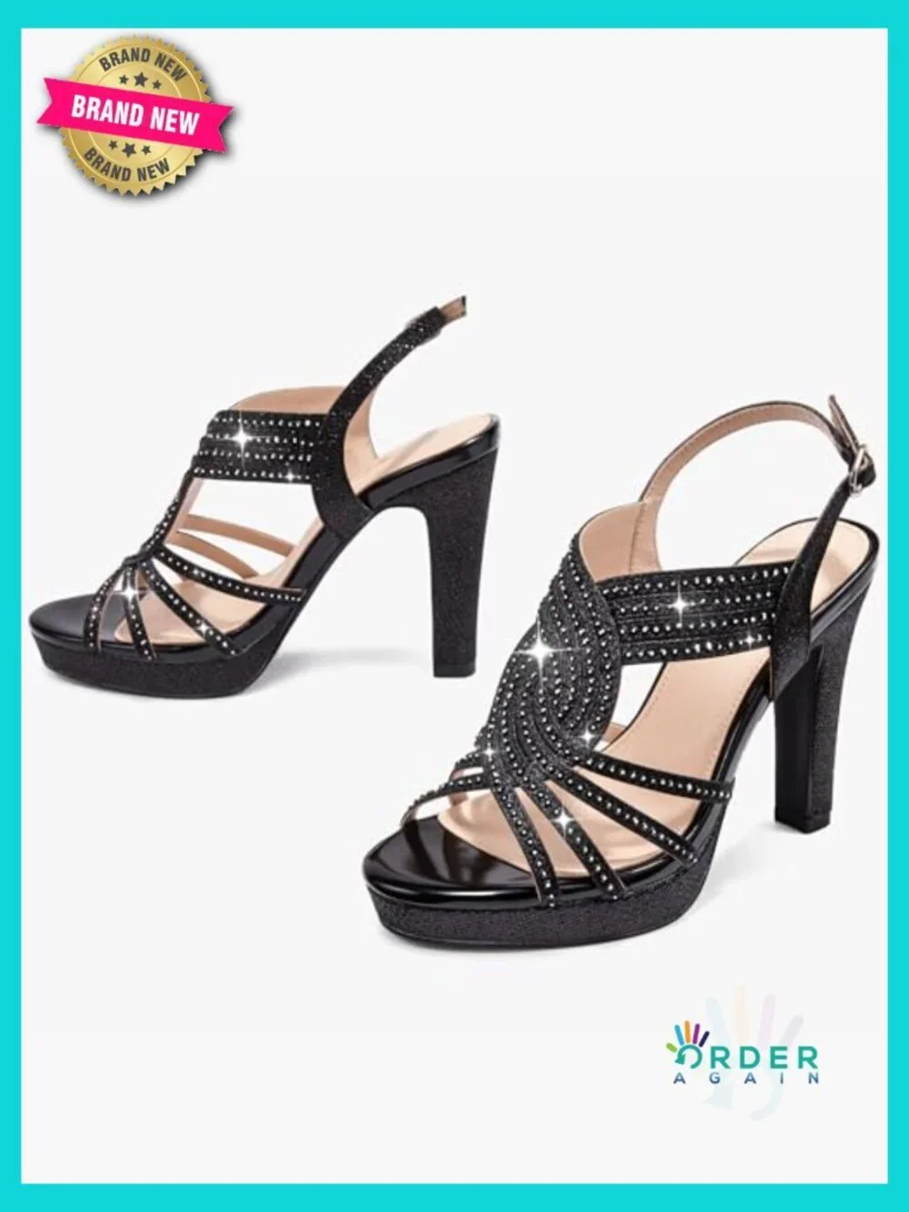 Sparkly Rhinestone Chunky High Heels Platform Sandals Open Toe Ankle Strap
